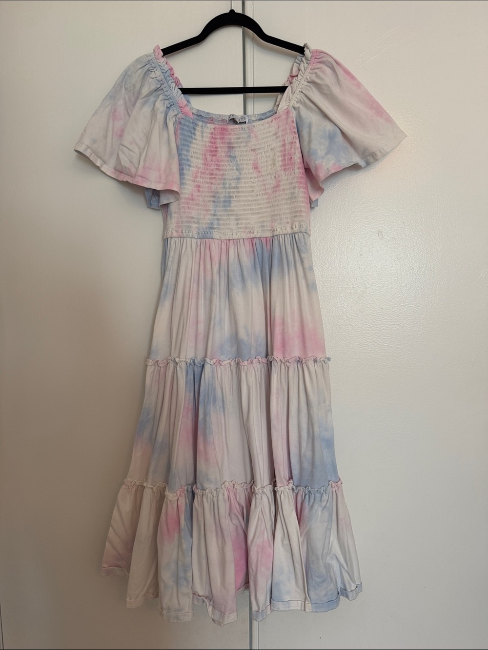 Ivy City Co. Tie-Dye Puff smocked Maxi Dress - Pastel Pink & Blue gender reveal